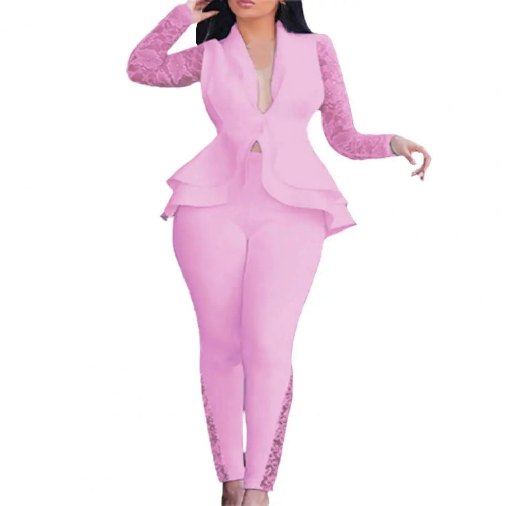 Two Piece Set Pants Suit Women Sexy Solid Color Lace Slim Deep V Neck Ruffle Lace Tight Waist Long Sleeve top Lady Suit Autumn